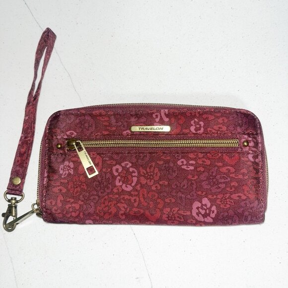 Travelon Zip Around RIFD Mega Wallet Credit Card Burgundy Floral Wristlet EUC - Picture 1 of 6